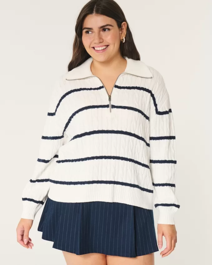 Oversized Cable-Knit Half-Zip Sweater,Oversized Cable-Knit Half-Zip Sweater