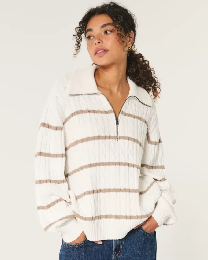 Oversized Cable-Knit Half-Zip Sweater,Oversized Cable-Knit Half-Zip Sweater Oversized Cable-Knit Half-Zip Sweater,Oversized Cable-Knit Half-Zip Sweater