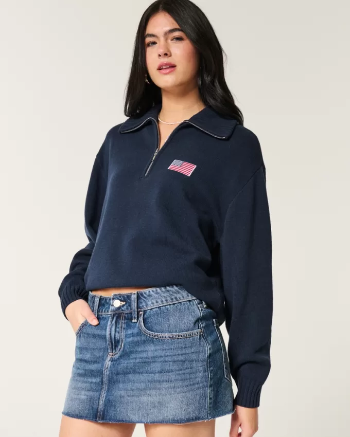 Oversized Half-Zip American Flag Graphic Sweater,Oversized Half-Zip American Flag Graphic Sweater Oversized Half-Zip American Flag Graphic Sweater,Oversized Half-Zip American Flag Graphic Sweater