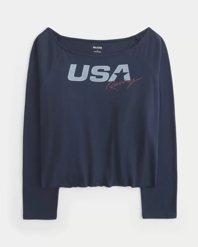 Oversized Long-Sleeve USA Racing Graphic Tee,Oversized Long-Sleeve USA Racing Graphic Tee