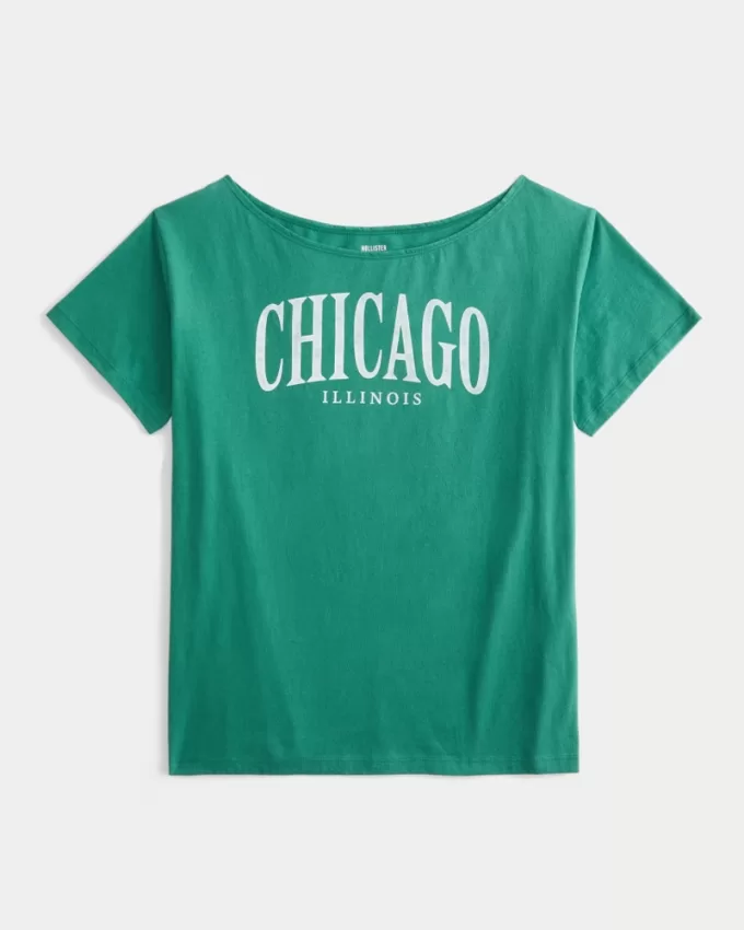 Oversized Off-the-Shoulder Chicago Graphic Tee,Oversized Off-the-Shoulder Chicago Graphic Tee