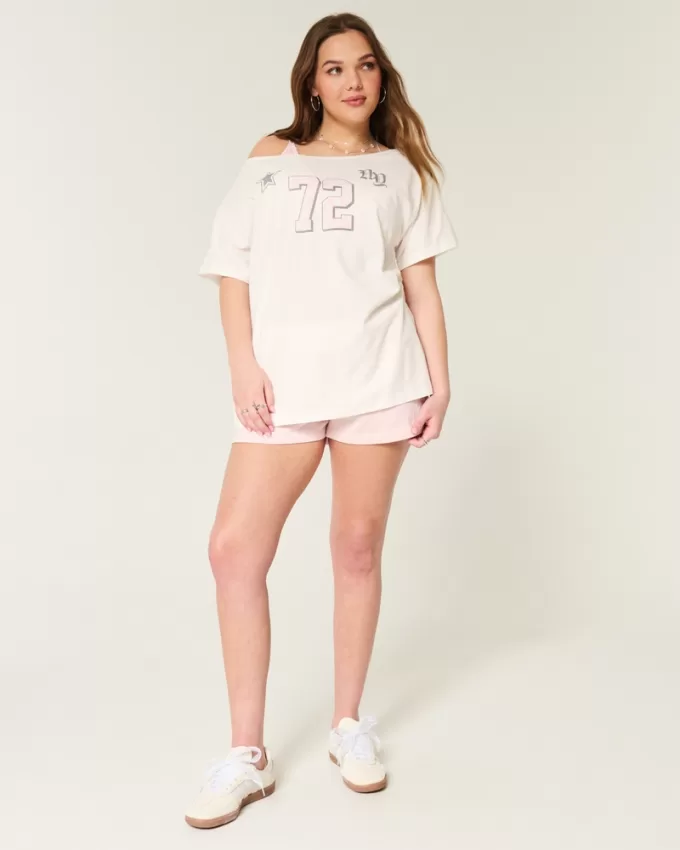 Oversized Off-the-Shoulder Number Graphic Tee,Oversized Off-the-Shoulder Number Graphic Tee
