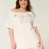 Oversized Off-the-Shoulder Number Graphic Tee,Oversized Off-the-Shoulder Number Graphic Tee