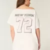 Oversized Off-the-Shoulder Number Graphic Tee,Oversized Off-the-Shoulder Number Graphic Tee
