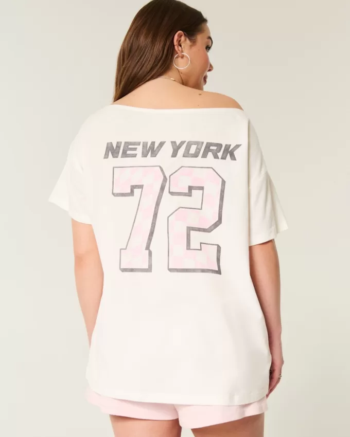 Oversized Off-the-Shoulder Number Graphic Tee,Oversized Off-the-Shoulder Number Graphic Tee