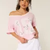 Oversized Off-the-Shoulder Varsity Floral Graphic Tee,Oversized Off-the-Shoulder Varsity Floral Graphic Tee