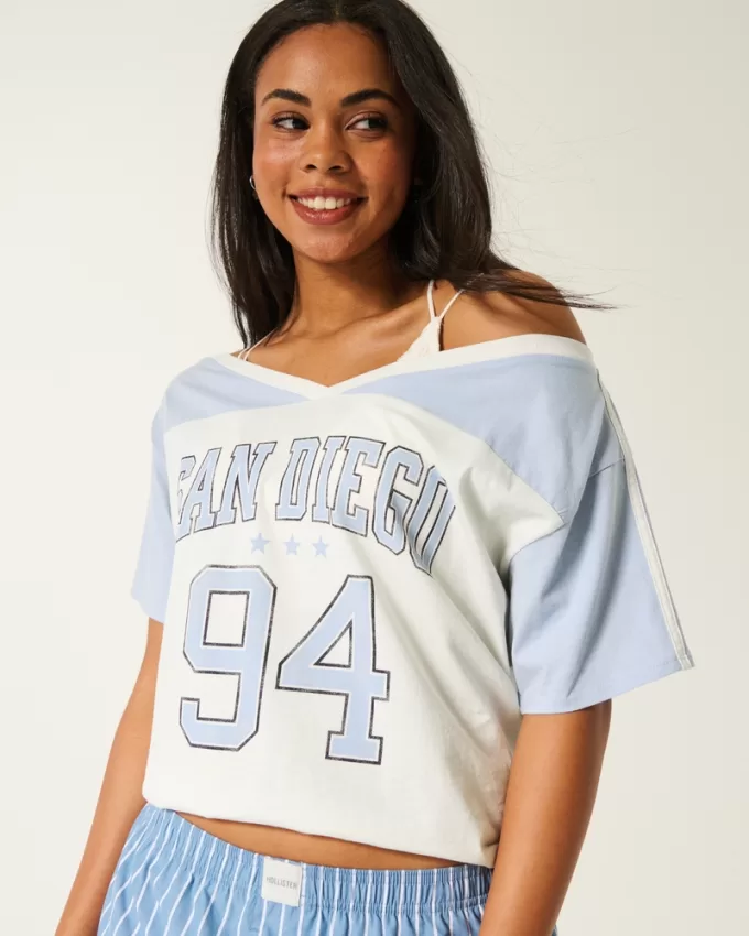 Oversized Off-the-Shoulder Varsity San Diego Graphic Tee,Oversized Off-the-Shoulder Varsity San Diego Graphic Tee