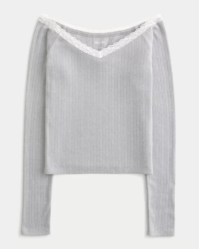 Pointelle Lace Trim Top,Pointelle Lace Trim Top Pointelle Lace Trim Top,Pointelle Lace Trim Top