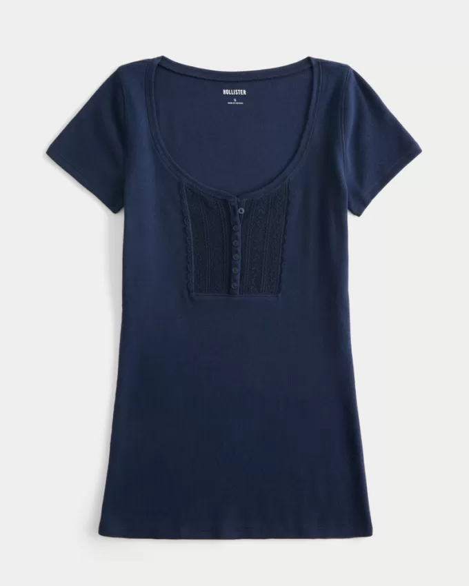 Ribbed Lace Placket Scoop Henley,Ribbed Lace Placket Scoop Henley Ribbed Lace Placket Scoop Henley,Ribbed Lace Placket Scoop Henley