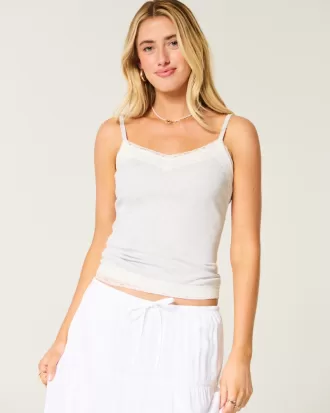 Ribbed Lace Trim Cami,Ribbed Lace Trim Cami