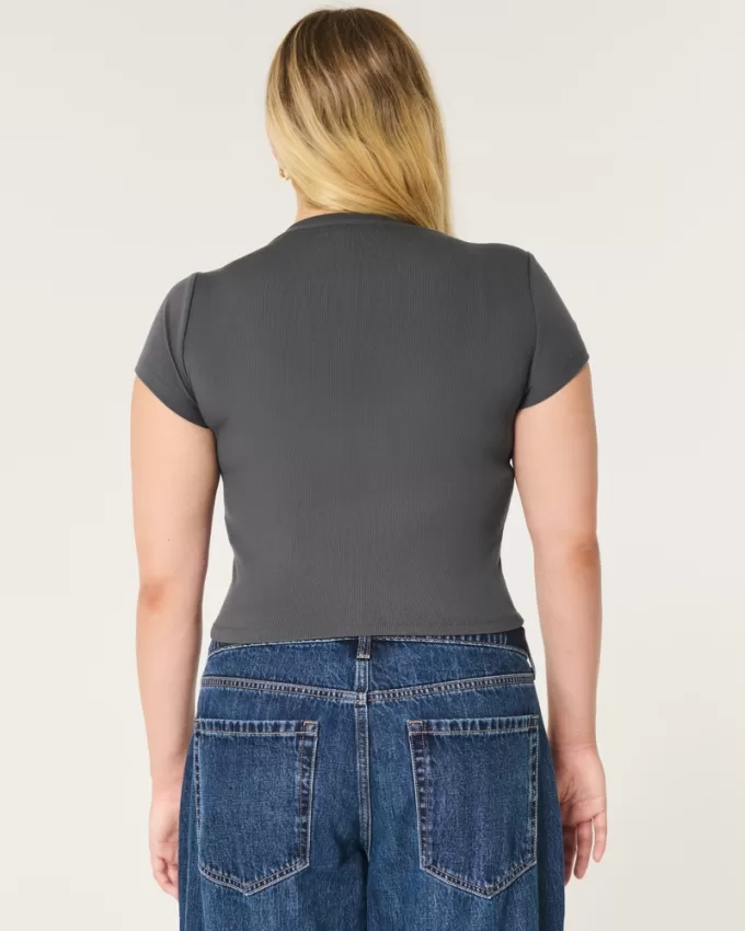 Ribbed Seamless Fabric Notch Neck Baby Tee,Ribbed Seamless Fabric Notch Neck Baby Tee Ribbed Seamless Fabric Notch Neck Baby Tee,Ribbed Seamless Fabric Notch Neck Baby Tee