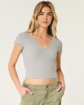 Ribbed Seamless Fabric Notch Neck Baby Tee,Ribbed Seamless Fabric Notch Neck Baby Tee Ribbed Seamless Fabric Notch Neck Baby Tee,Ribbed Seamless Fabric Notch Neck Baby Tee