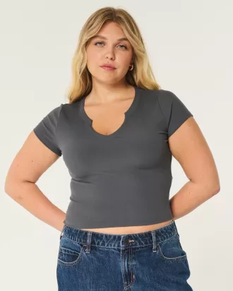 Ribbed Seamless Fabric Notch Neck Baby Tee,Ribbed Seamless Fabric Notch Neck Baby Tee Ribbed Seamless Fabric Notch Neck Baby Tee,Ribbed Seamless Fabric Notch Neck Baby Tee