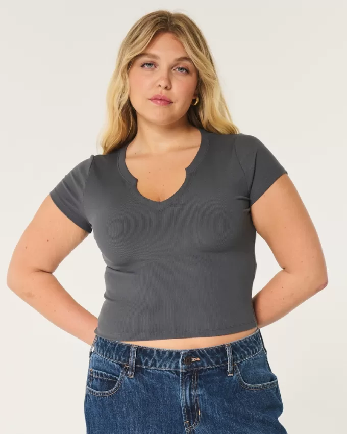 Ribbed Seamless Fabric Notch Neck Baby Tee,Ribbed Seamless Fabric Notch Neck Baby Tee Ribbed Seamless Fabric Notch Neck Baby Tee,Ribbed Seamless Fabric Notch Neck Baby Tee