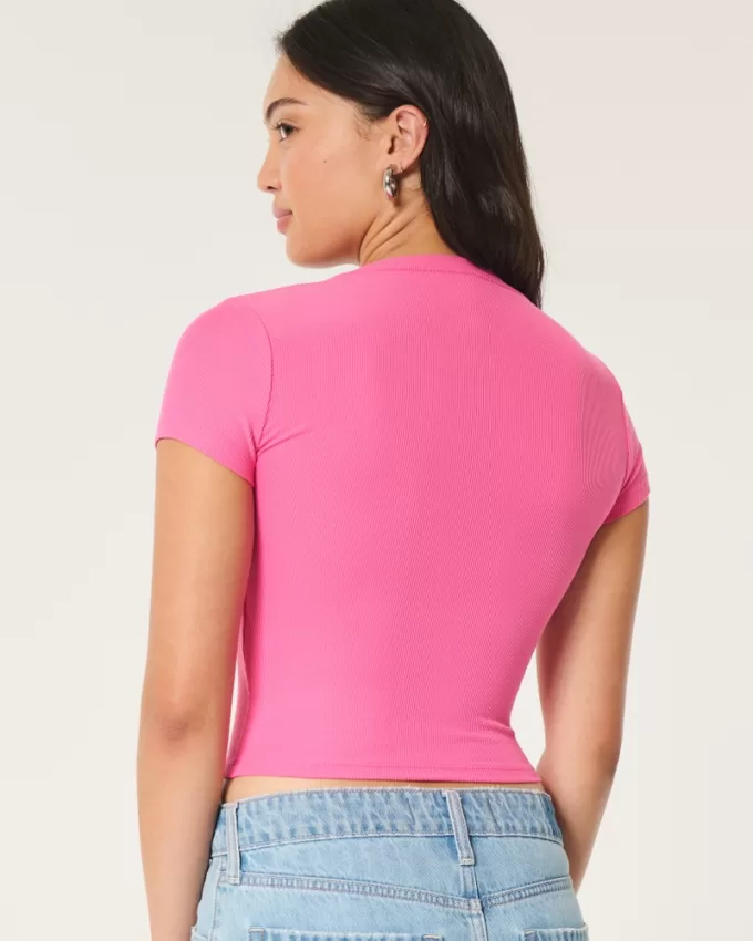 Ribbed Seamless Fabric Notch Neck Baby Tee,Ribbed Seamless Fabric Notch Neck Baby Tee Ribbed Seamless Fabric Notch Neck Baby Tee,Ribbed Seamless Fabric Notch Neck Baby Tee