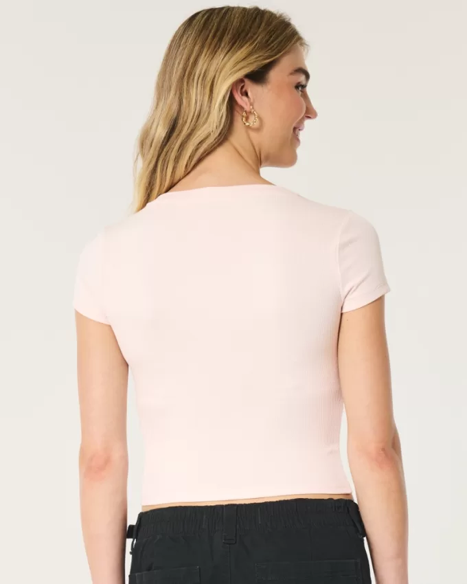 Ribbed Seamless Fabric Notch Neck Baby Tee,Ribbed Seamless Fabric Notch Neck Baby Tee Ribbed Seamless Fabric Notch Neck Baby Tee,Ribbed Seamless Fabric Notch Neck Baby Tee