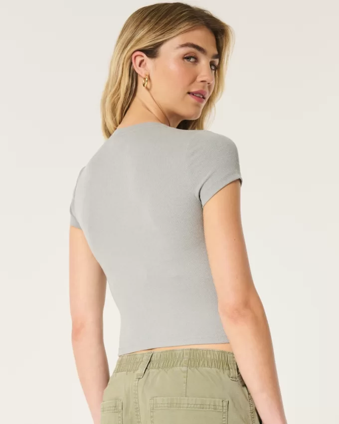 Ribbed Seamless Fabric Notch Neck Baby Tee,Ribbed Seamless Fabric Notch Neck Baby Tee Ribbed Seamless Fabric Notch Neck Baby Tee,Ribbed Seamless Fabric Notch Neck Baby Tee