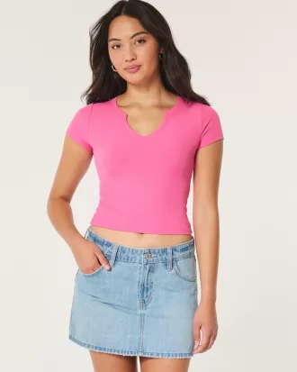 Ribbed Seamless Fabric Notch Neck Baby Tee,Ribbed Seamless Fabric Notch Neck Baby Tee Ribbed Seamless Fabric Notch Neck Baby Tee,Ribbed Seamless Fabric Notch Neck Baby Tee