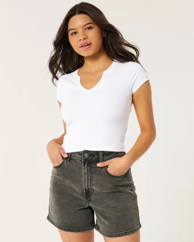 Ribbed Seamless Fabric Notch Neck Baby Tee,Ribbed Seamless Fabric Notch Neck Baby Tee Ribbed Seamless Fabric Notch Neck Baby Tee,Ribbed Seamless Fabric Notch Neck Baby Tee