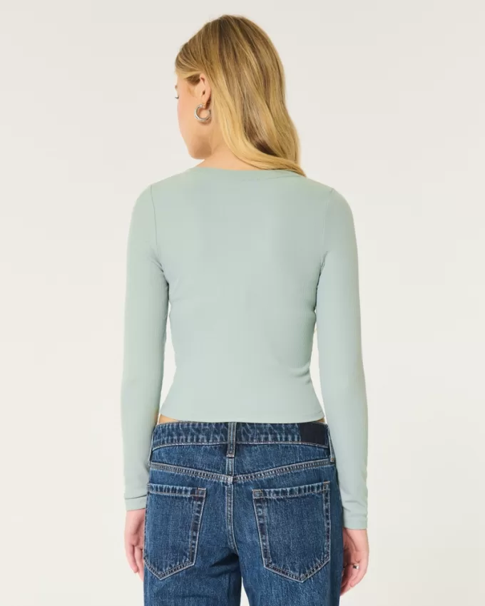 Ribbed Seamless Fabric Notch-Neck Top,Ribbed Seamless Fabric Notch-Neck Top Ribbed Seamless Fabric Notch-Neck Top,Ribbed Seamless Fabric Notch-Neck Top