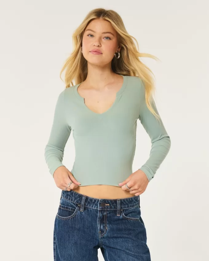 Ribbed Seamless Fabric Notch-Neck Top,Ribbed Seamless Fabric Notch-Neck Top Ribbed Seamless Fabric Notch-Neck Top,Ribbed Seamless Fabric Notch-Neck Top