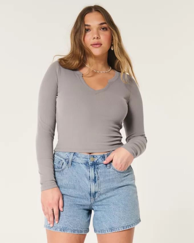 Ribbed Seamless Fabric Notch-Neck Top,Ribbed Seamless Fabric Notch-Neck Top Ribbed Seamless Fabric Notch-Neck Top,Ribbed Seamless Fabric Notch-Neck Top