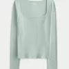Ribbed Seamless Fabric Square-Neck Top,Ribbed Seamless Fabric Square-Neck Top