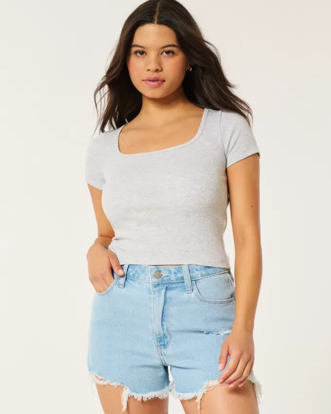 Ribbed Square-Neck Baby Tee,Ribbed Square-Neck Baby Tee Ribbed Square-Neck Baby Tee,Ribbed Square-Neck Baby Tee