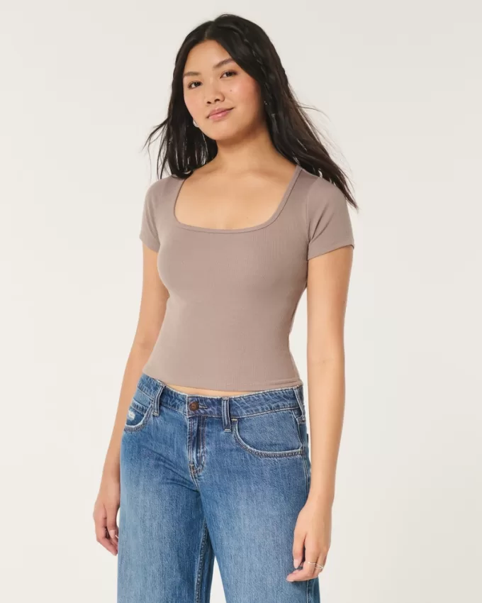 Ribbed Square-Neck Baby Tee,Ribbed Square-Neck Baby Tee Ribbed Square-Neck Baby Tee,Ribbed Square-Neck Baby Tee