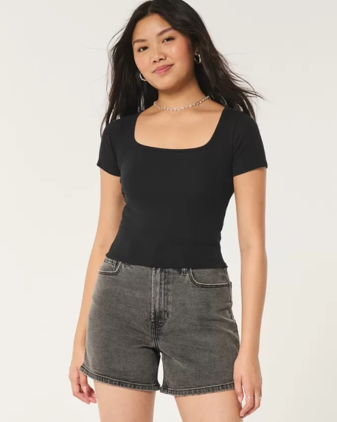 Ribbed Square-Neck Baby Tee,Ribbed Square-Neck Baby Tee