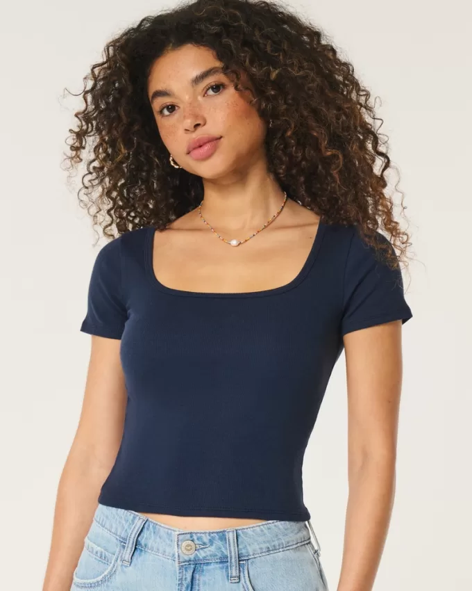 Ribbed Square-Neck Baby Tee,Ribbed Square-Neck Baby Tee Ribbed Square-Neck Baby Tee,Ribbed Square-Neck Baby Tee