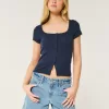 Short-Sleeve Button-Through Pointelle Top,Short-Sleeve Button-Through Pointelle Top
