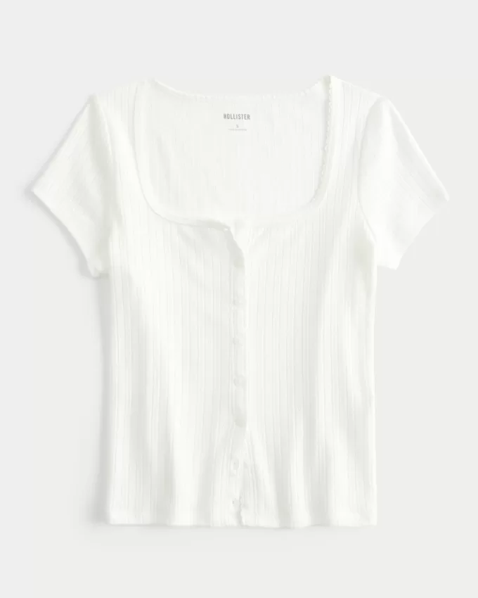 Short-Sleeve Button-Through Pointelle Top,Short-Sleeve Button-Through Pointelle Top Short-Sleeve Button-Through Pointelle Top,Short-Sleeve Button-Through Pointelle Top