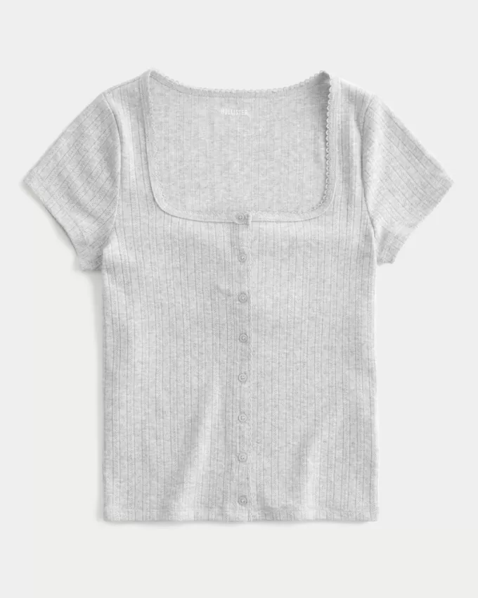 Short-Sleeve Button-Through Pointelle Top,Short-Sleeve Button-Through Pointelle Top Short-Sleeve Button-Through Pointelle Top,Short-Sleeve Button-Through Pointelle Top