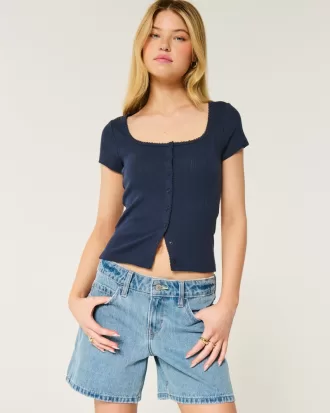 Short-Sleeve Button-Through Pointelle Top,Short-Sleeve Button-Through Pointelle Top Short-Sleeve Button-Through Pointelle Top,Short-Sleeve Button-Through Pointelle Top