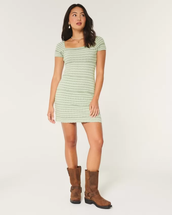 Short-Sleeve Crochet-Style Twist Back Mini Dress,Short-Sleeve Crochet-Style Twist Back Mini Dress