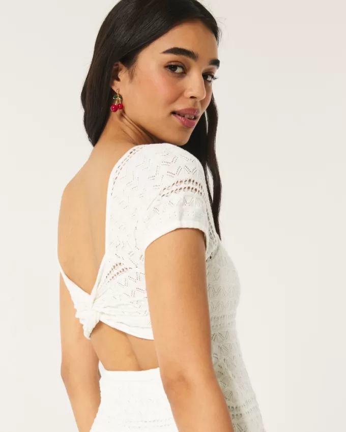Short-Sleeve Crochet-Style Twist Back Mini Dress,Short-Sleeve Crochet-Style Twist Back Mini Dress Short-Sleeve Crochet-Style Twist Back Mini Dress,Short-Sleeve Crochet-Style Twist Back Mini Dress