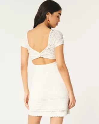 Short-Sleeve Crochet-Style Twist Back Mini Dress,Short-Sleeve Crochet-Style Twist Back Mini Dress