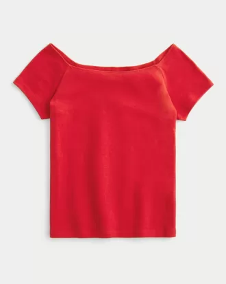 Short Sleeve Skimming Off-the-Shoulder Top,Short Sleeve Skimming Off-the-Shoulder Top