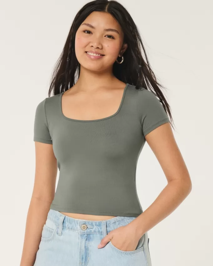 Soft Stretch Seamless Fabric Square-Neck Baby Tee,Soft Stretch Seamless Fabric Square-Neck Baby Tee