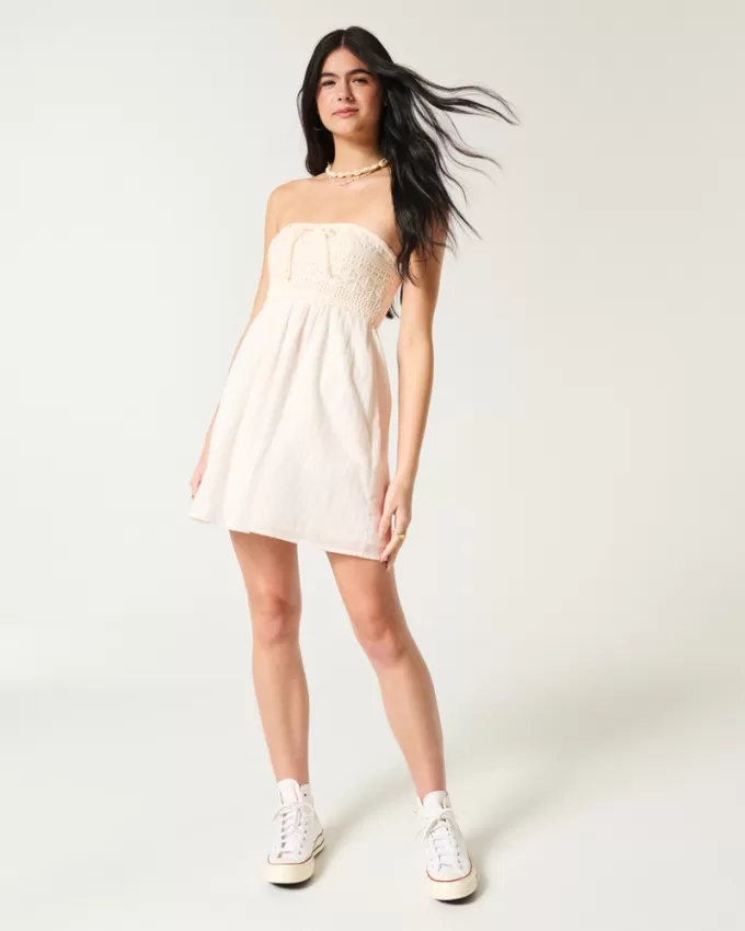 Strapless Crochet-Style Mix Mini Dress,Strapless Crochet-Style Mix Mini Dress Strapless Crochet-Style Mix Mini Dress,Strapless Crochet-Style Mix Mini Dress