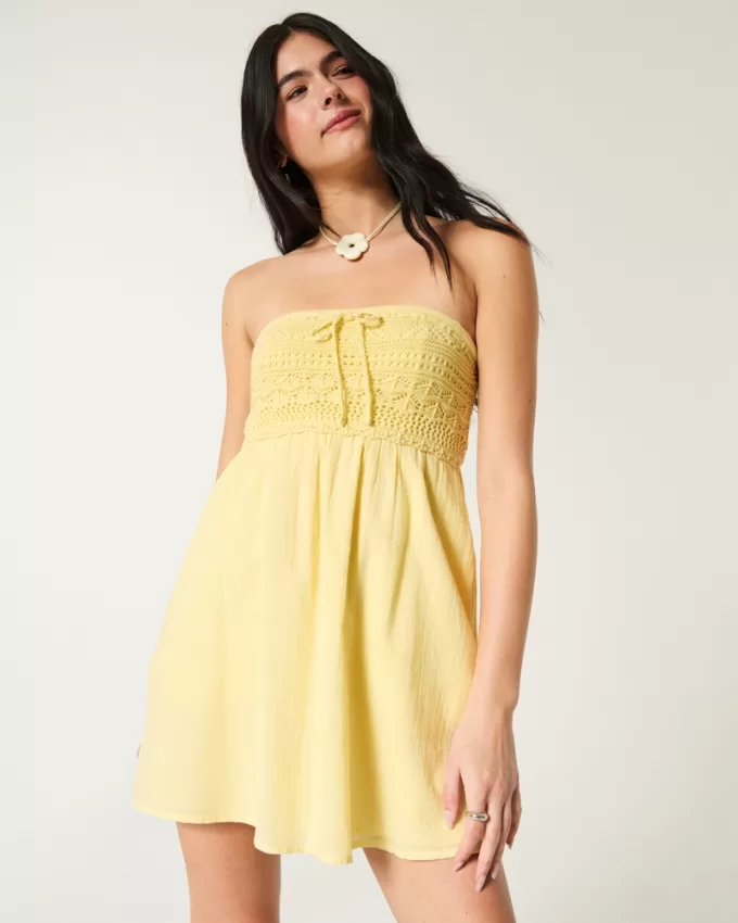 Strapless Crochet-Style Mix Mini Dress,Strapless Crochet-Style Mix Mini Dress Strapless Crochet-Style Mix Mini Dress,Strapless Crochet-Style Mix Mini Dress