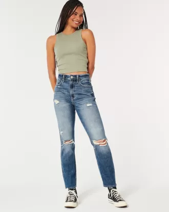 Ultra High-Rise Ripped Medium Wash Mom Jeans,Ultra High-Rise Ripped Medium Wash Mom Jeans