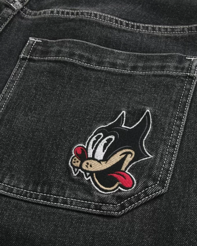 Washed Black Cat Graphic Super Baggy Denim Shorts,Washed Black Cat Graphic Super Baggy Denim Shorts